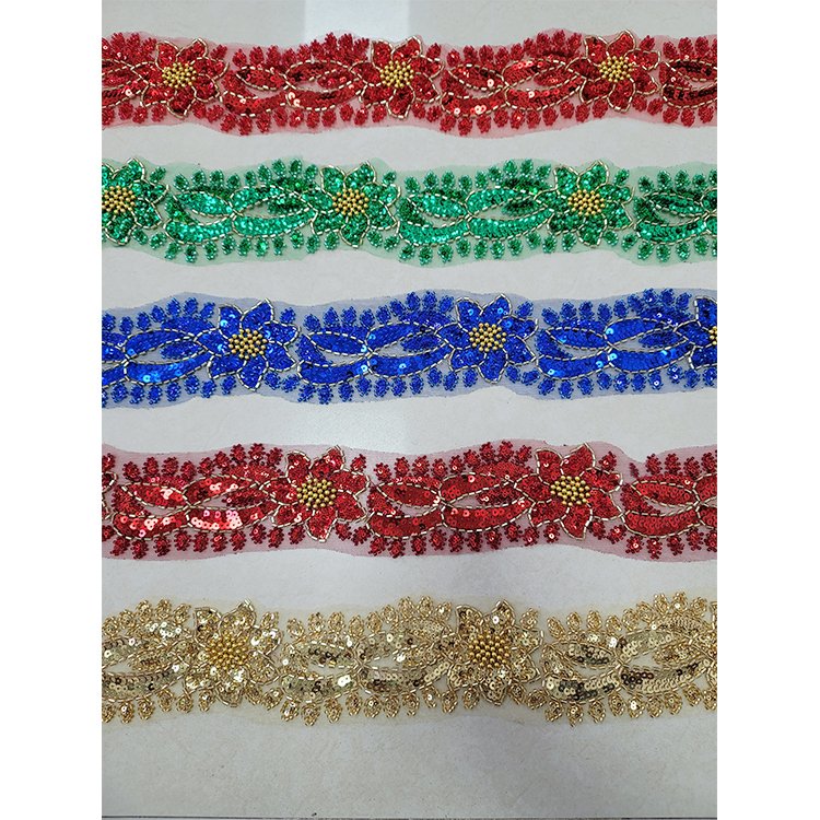 Multi Patterns Colorful Flower 3D Embroidered Lace Trim Wholesale Beaded Trim Bead Lace Trim