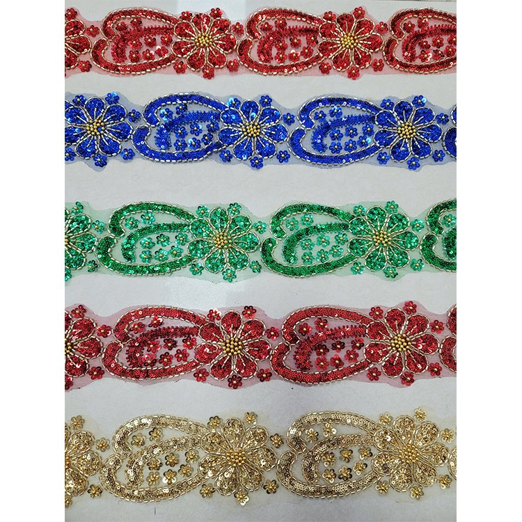 Multi Patterns Colorful Flower 3D Embroidered Lace Trim Wholesale Beaded Trim Bead Lace Trim