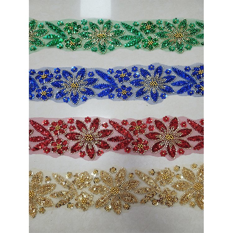Multi Patterns Colorful Flower 3D Embroidered Lace Trim Wholesale Beaded Trim Bead Lace Trim