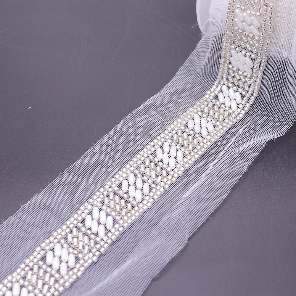 High Quality Wedding Dresses Beaded Lace Applique Trim Machine Embroidery Lace Trim For Clothing