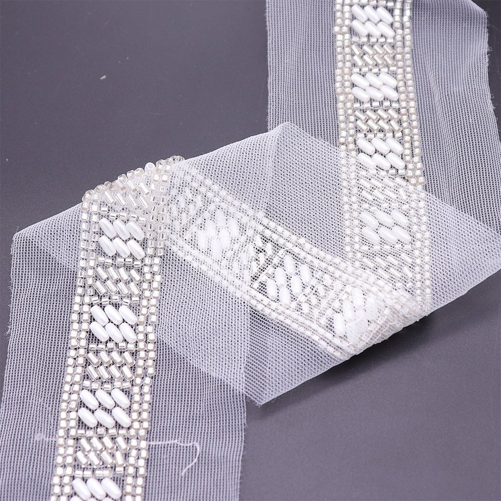High Quality Wedding Dresses Beaded Lace Applique Trim Machine Embroidery Lace Trim For Clothing