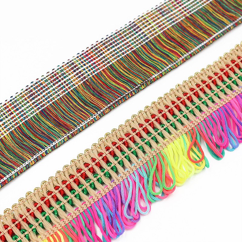 Wholesale Home Textile Trimming High Density Knitting Ethnic Lace Trim Mix Color Fringe Tassel Lace