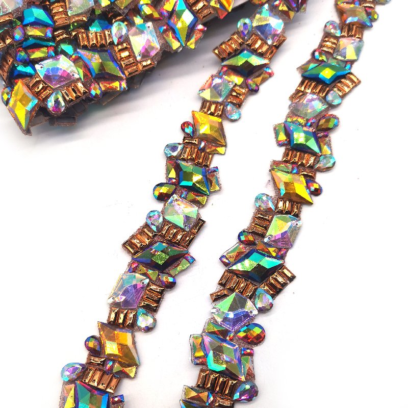 wholesale shine AB Strip sequins red iron on garment rhinestone trims for carnival garment processing accessories