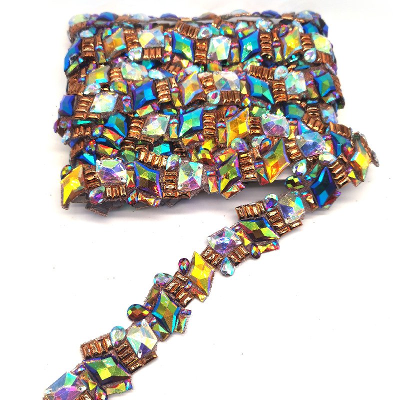 wholesale shine AB Strip sequins red iron on garment rhinestone trims for carnival garment processing accessories