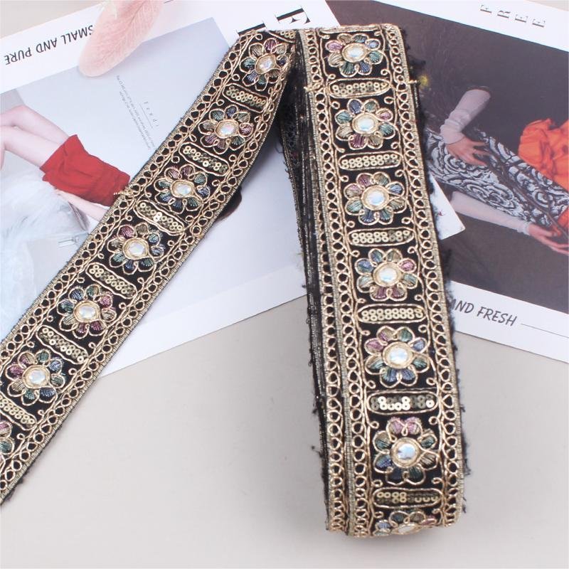 Hot Sale 5cm Vintage Ethnic Embroidery Lace Sequins Bar Code Golden Corded Embroidery Lace Trim For Clothes Bag