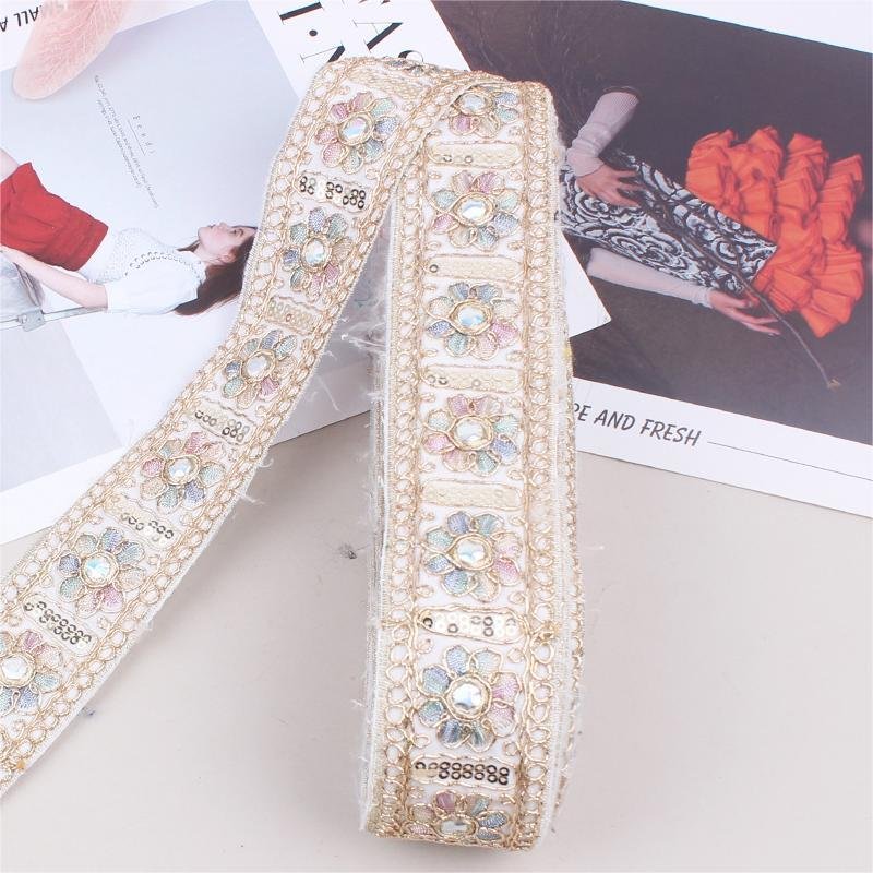 Hot Sale 5cm Vintage Ethnic Embroidery Lace Sequins Bar Code Golden Corded Embroidery Lace Trim For Clothes Bag