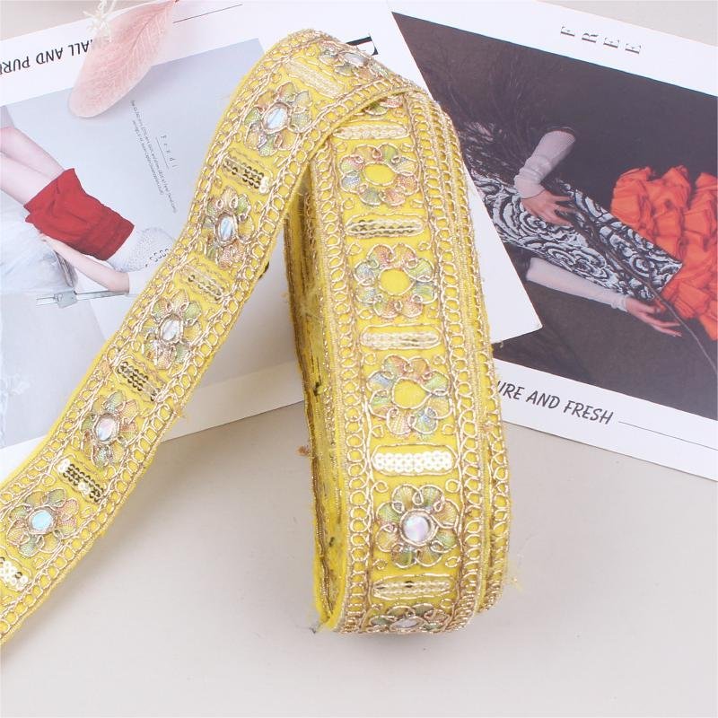 Hot Sale 5cm Vintage Ethnic Embroidery Lace Sequins Bar Code Golden Corded Embroidery Lace Trim For Clothes Bag