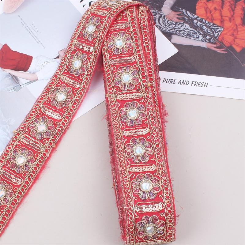 Hot Sale 5cm Vintage Ethnic Embroidery Lace Sequins Bar Code Golden Corded Embroidery Lace Trim For Clothes Bag