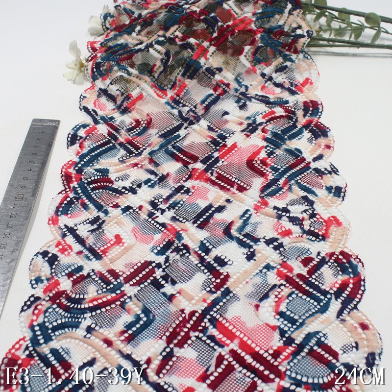 Wholesale Stock 23CM Colorful China Elastic Lace Wide nylon Stretch mesh Lace Trim fabric for dance costumes