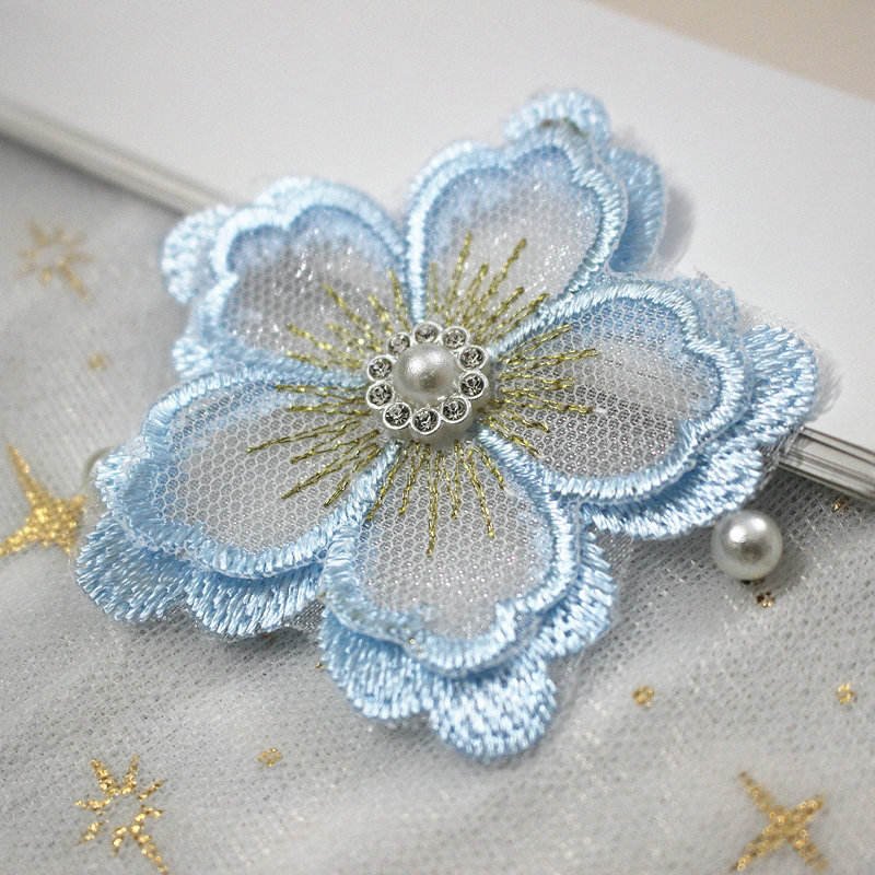 Factory supply 3D decorative flowers Multicolor pearl lace appliques embroidered Voile fabric for woman clothes kids dress bag