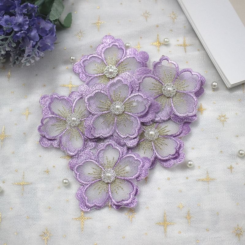 Factory supply 3D decorative flowers Multicolor pearl lace appliques embroidered Voile fabric for woman clothes kids dress bag