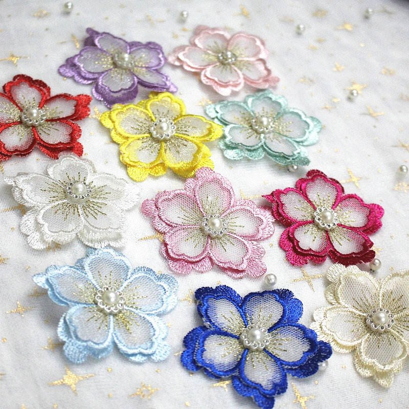 Factory supply 3D decorative flowers Multicolor pearl lace appliques embroidered Voile fabric for woman clothes kids dress bag