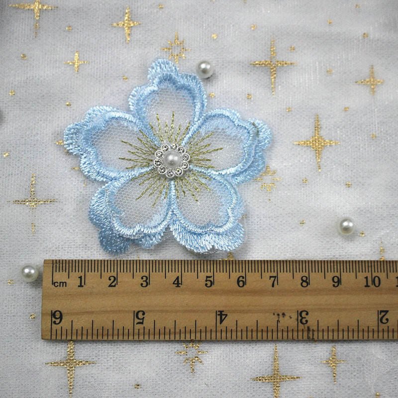 Factory supply 3D decorative flowers Multicolor pearl lace appliques embroidered Voile fabric for woman clothes kids dress bag