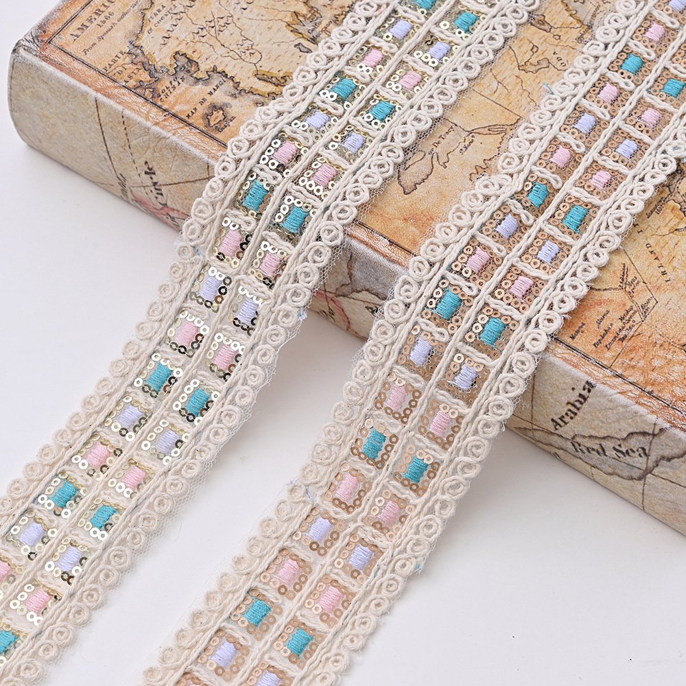 Charming 4.5cm Embroidered Polyester Cotton Lace Trim Voile Embroidery Lace Fabric For Women Colorful Mesh Sequin Lace