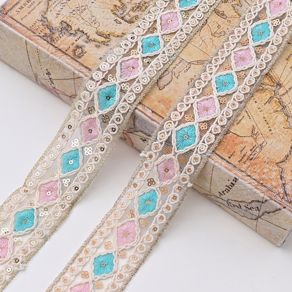 Charming 4.5cm Embroidered Polyester Cotton Lace Trim Voile Embroidery Lace Fabric For Women Colorful Mesh Sequin Lace