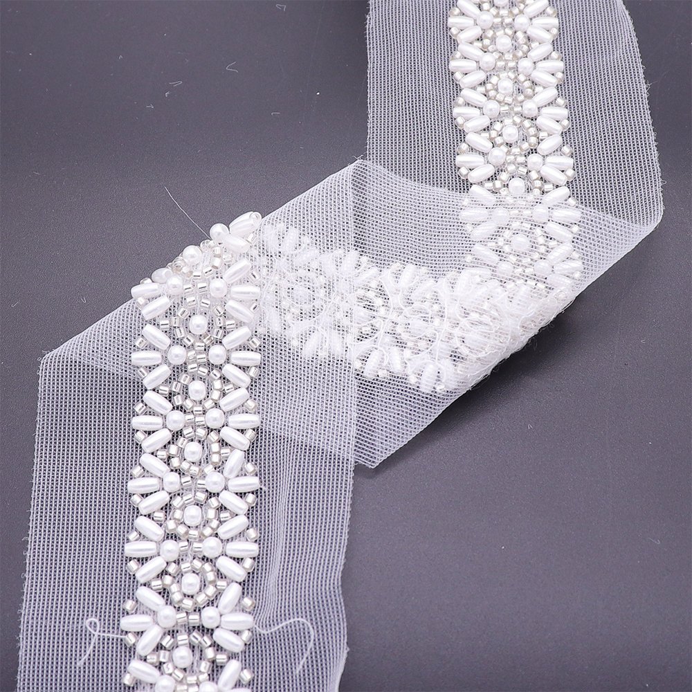 2024 Fashionable Bridal Embroidery Lace Trim Dress Decorative Pearls Beads Embroidered Lace Trim