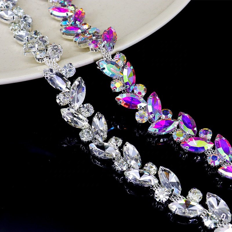 Bridal AB rhinestone applique trim rose gold beaded crystal trim iron on for wedding dress