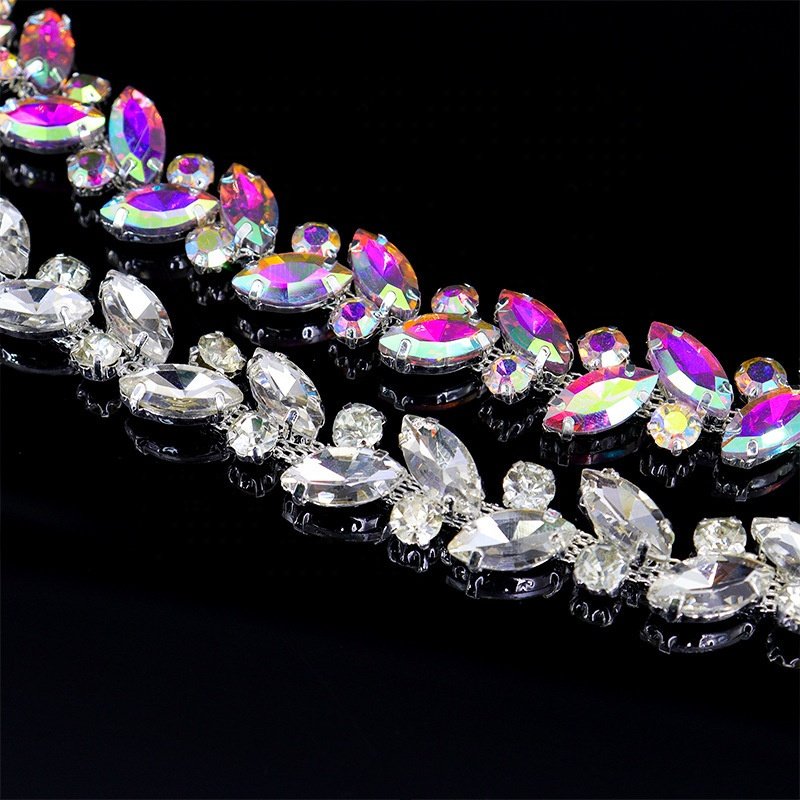 Bridal AB rhinestone applique trim rose gold beaded crystal trim iron on for wedding dress
