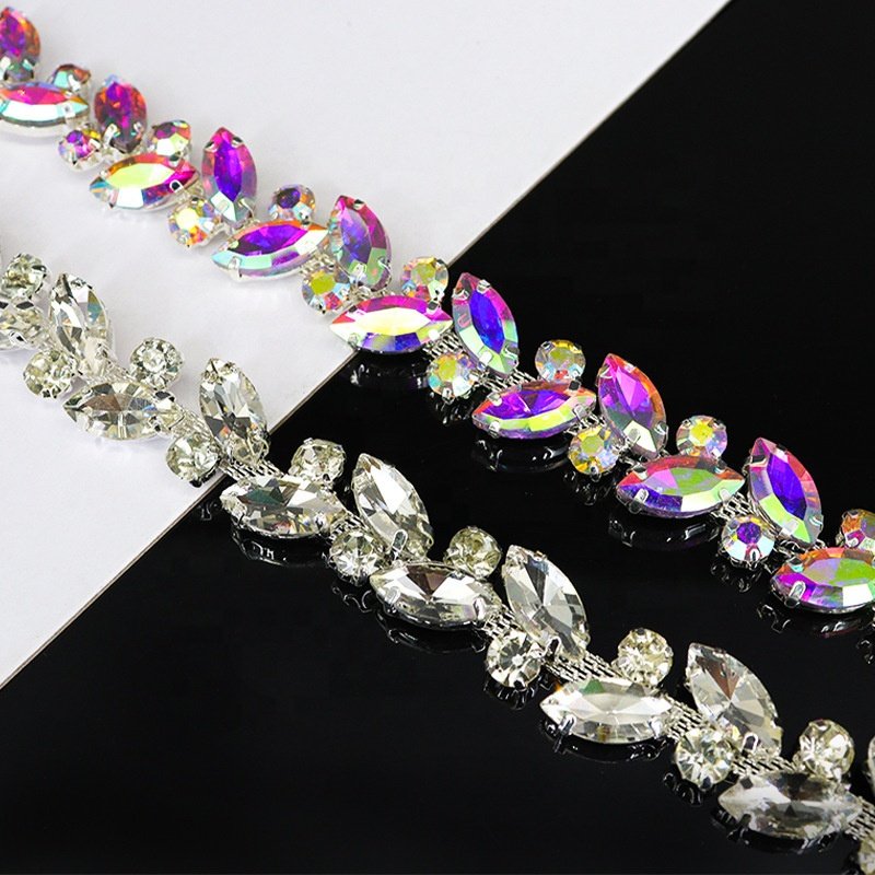 Bridal AB rhinestone applique trim rose gold beaded crystal trim iron on for wedding dress
