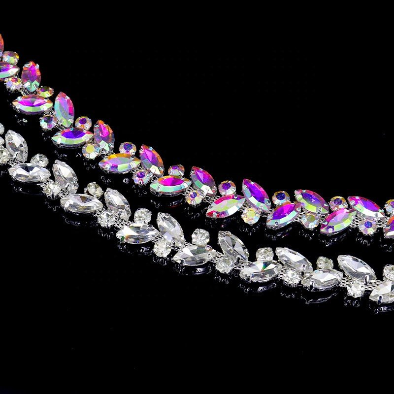 Bridal AB rhinestone applique trim rose gold beaded crystal trim iron on for wedding dress