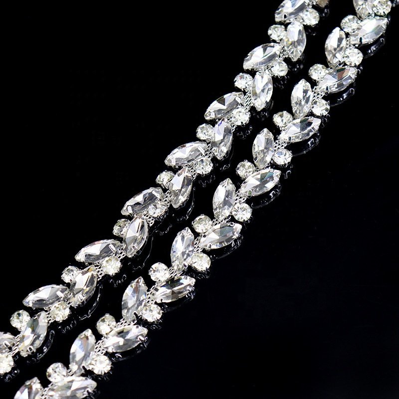 Bridal AB rhinestone applique trim rose gold beaded crystal trim iron on for wedding dress