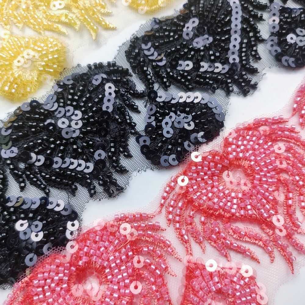 wholesale 3D custom polyester colorful embroidery heart lace trim with sequins and beads for clothes dress DIY decoration DZ19
