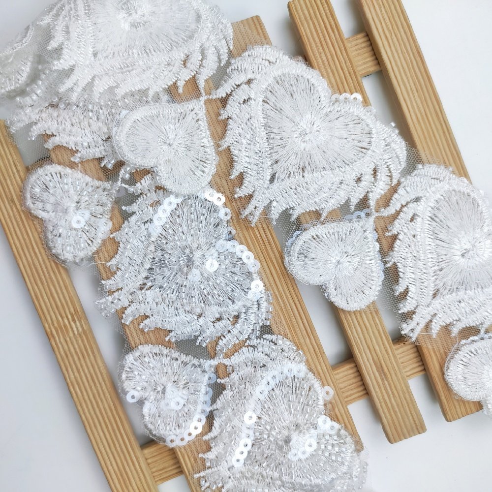 wholesale 3D custom polyester colorful embroidery heart lace trim with sequins and beads for clothes dress DIY decoration DZ19