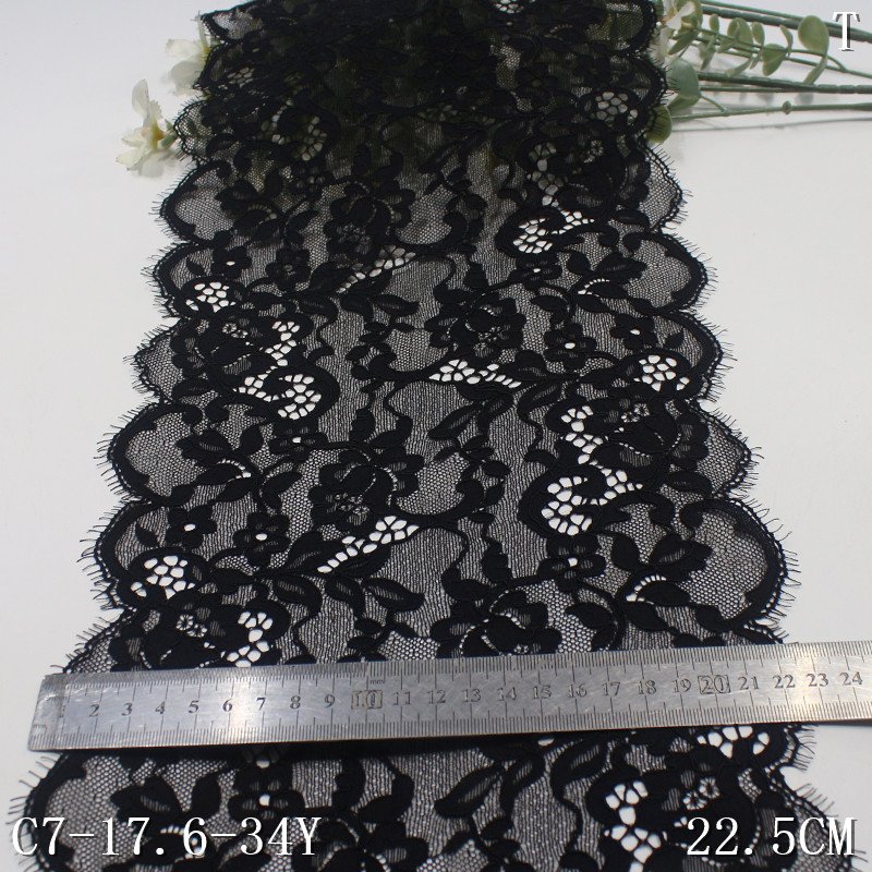 Factory lace supplier high quality spandex nylon eyelash lace design 22cm wide black white mesh french lace fabric for dress