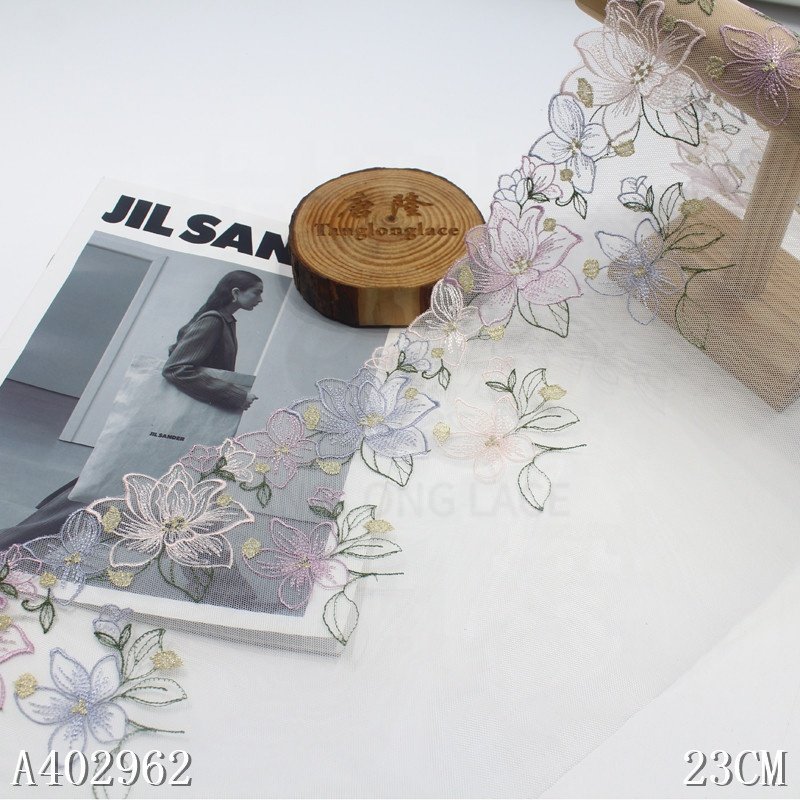 23cm Beautiful lace Embroidery Colorful Floral Lace trim white Tulle embroiedred lingerie lace Fabric for Women Dress sewing