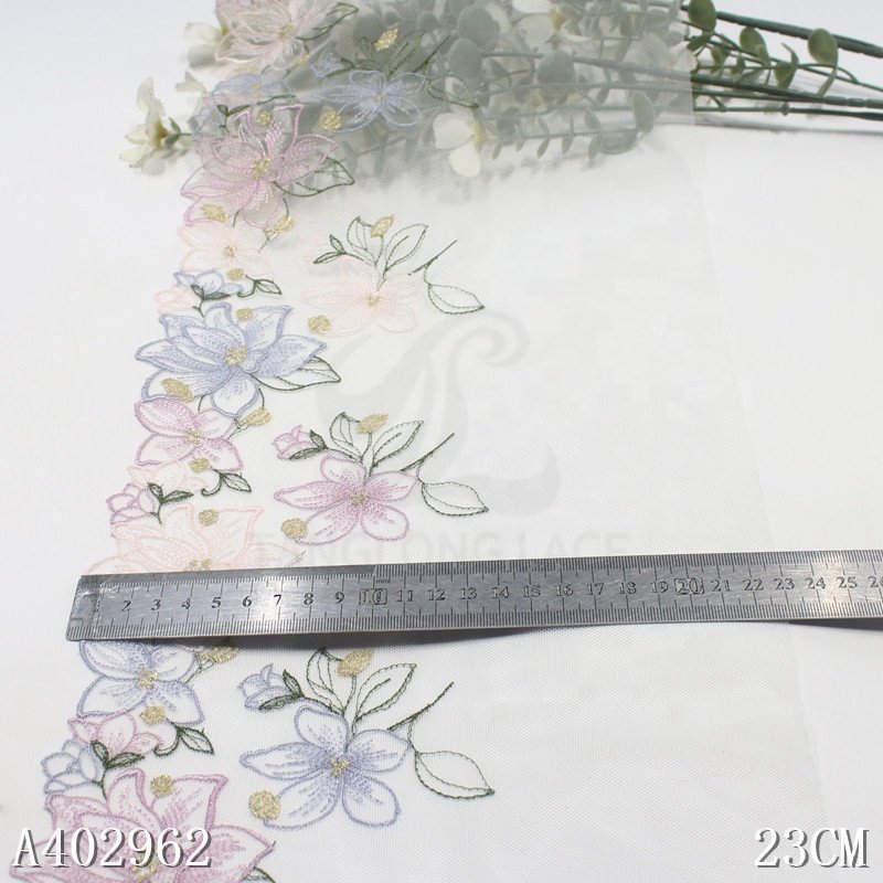 23cm Beautiful lace Embroidery Colorful Floral Lace trim white Tulle embroiedred lingerie lace Fabric for Women Dress sewing