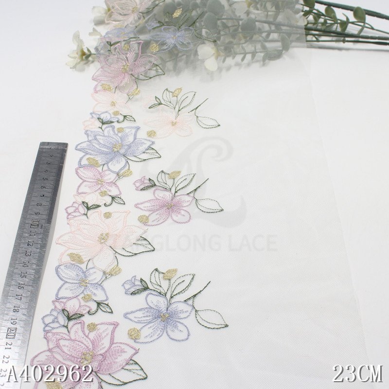 23cm Beautiful lace Embroidery Colorful Floral Lace trim white Tulle embroiedred lingerie lace Fabric for Women Dress sewing