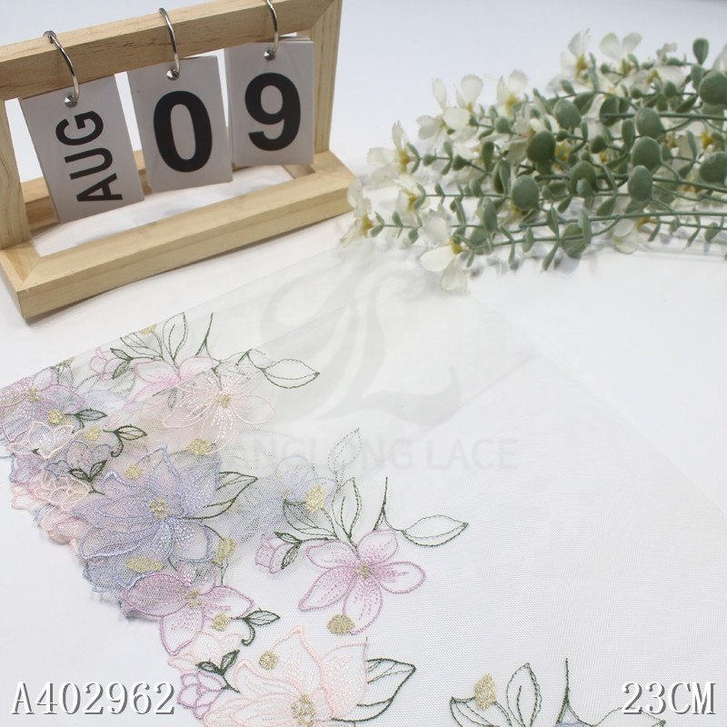 23cm Beautiful lace Embroidery Colorful Floral Lace trim white Tulle embroiedred lingerie lace Fabric for Women Dress sewing