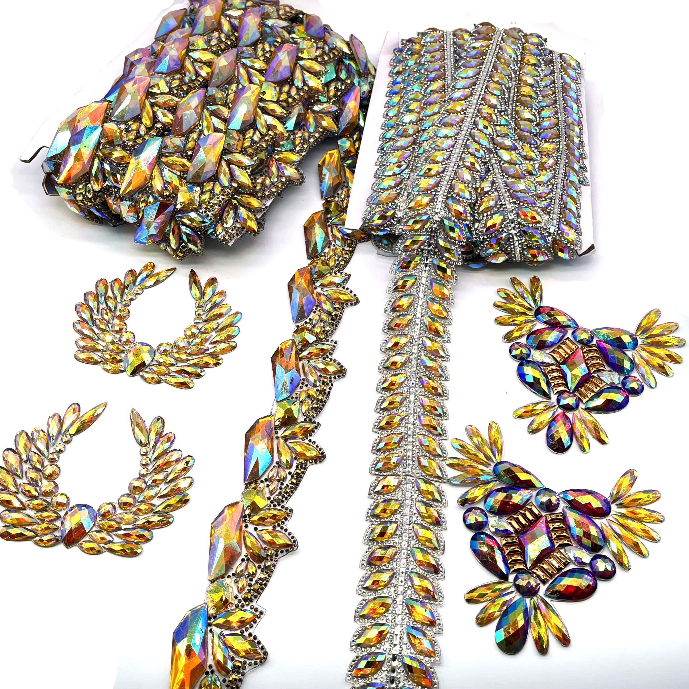 Factory Supply 2025 Carnival DIY Costume Trimming Iron-on Shiny Resin Gem Trimming Chain Hot fix Rhinestone Applique Patches