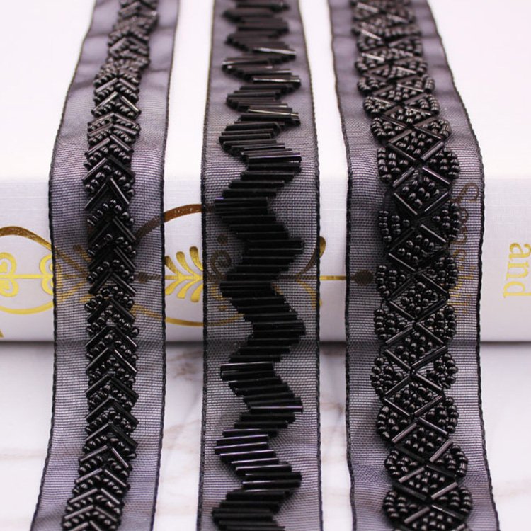 handmade 2.5cm 1 inch wide diy decorative black beaded lace trim for clothes