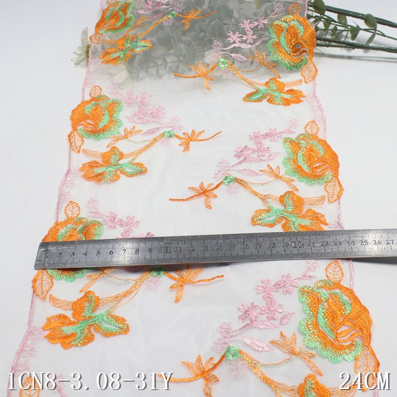 2024 colorful flowers Embroidery Lace fabric 24cm wide white mesh Embroidered Lace Trim For sexy Lingerie