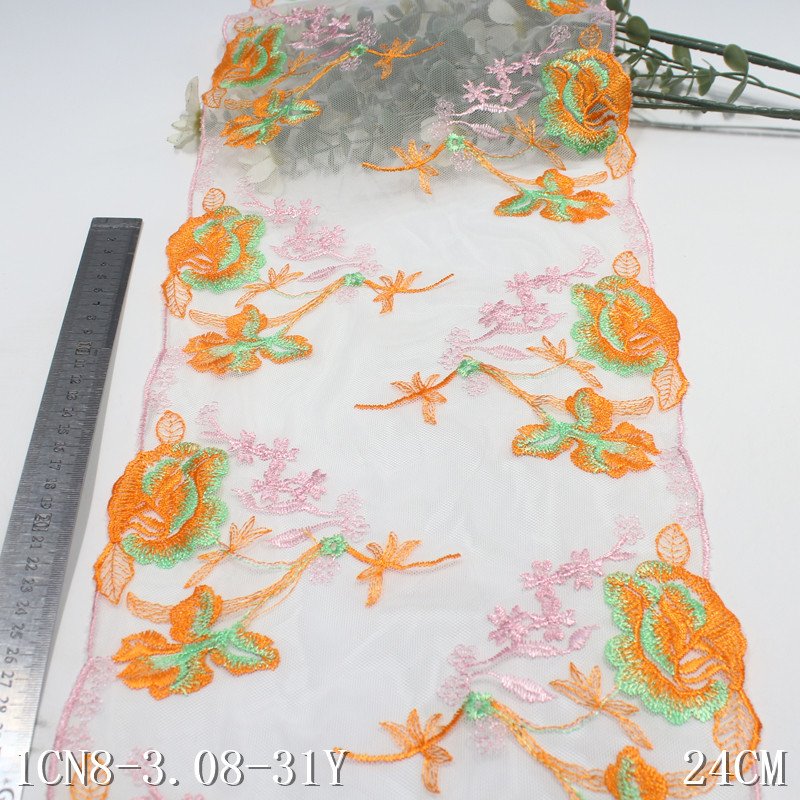 2024 colorful flowers Embroidery Lace fabric 24cm wide white mesh Embroidered Lace Trim For sexy Lingerie