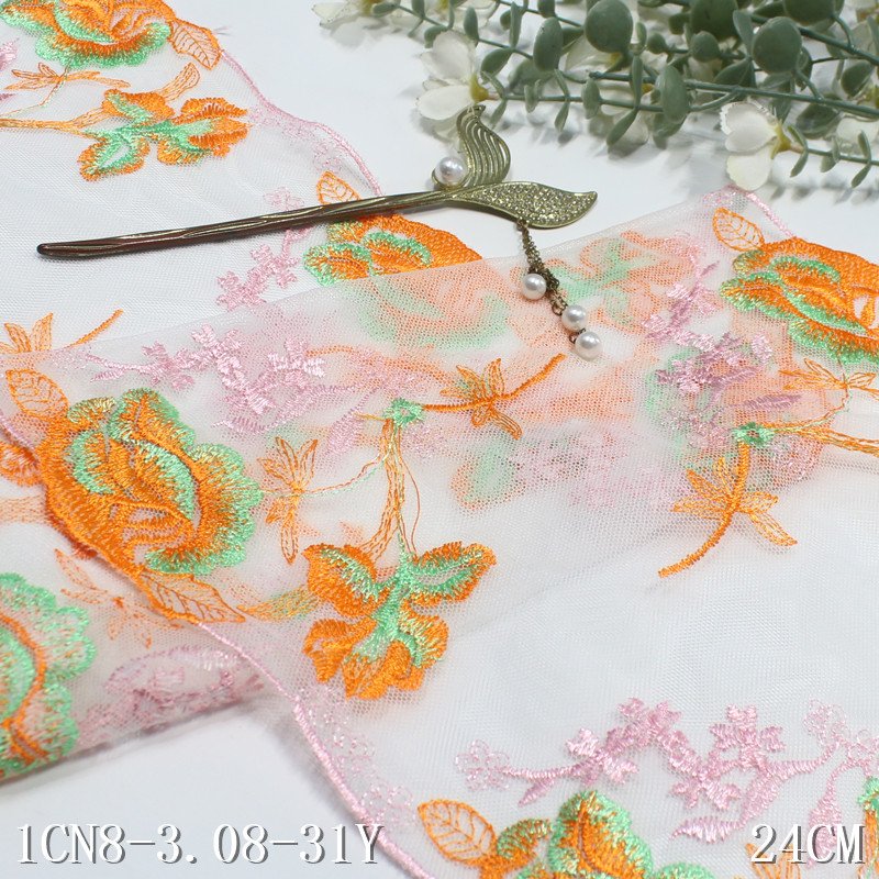 2024 colorful flowers Embroidery Lace fabric 24cm wide white mesh Embroidered Lace Trim For sexy Lingerie