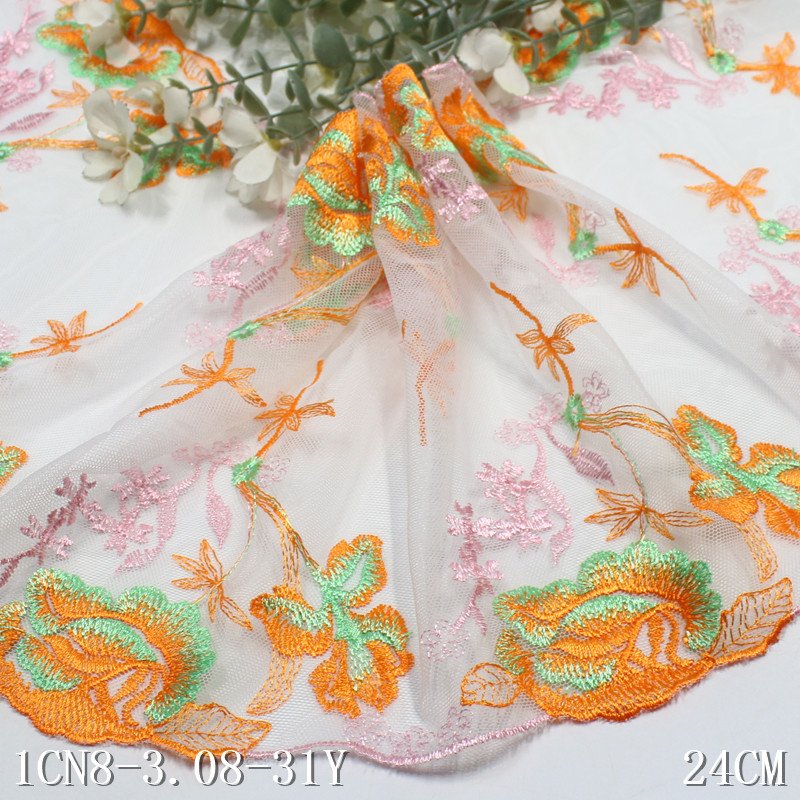 2024 colorful flowers Embroidery Lace fabric 24cm wide white mesh Embroidered Lace Trim For sexy Lingerie