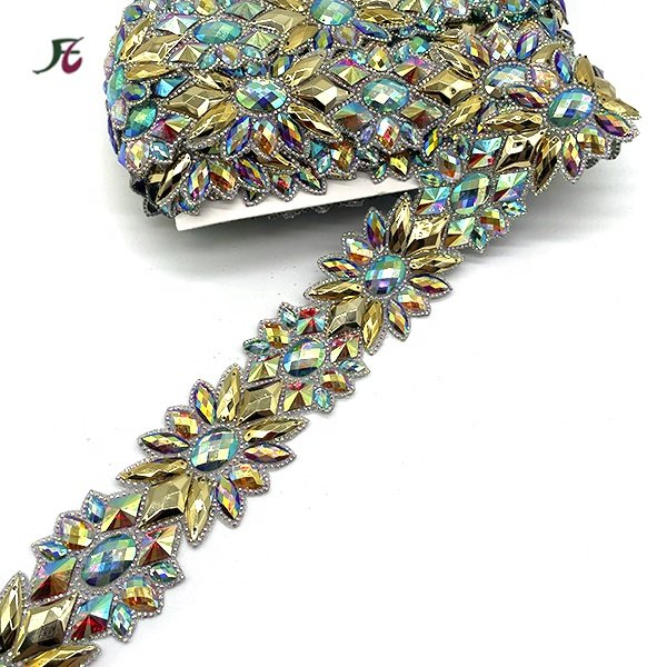 wholesale customized gold metal rhombus resin stone appliques iron on trim for carnival costumes hats or headpieces decoration