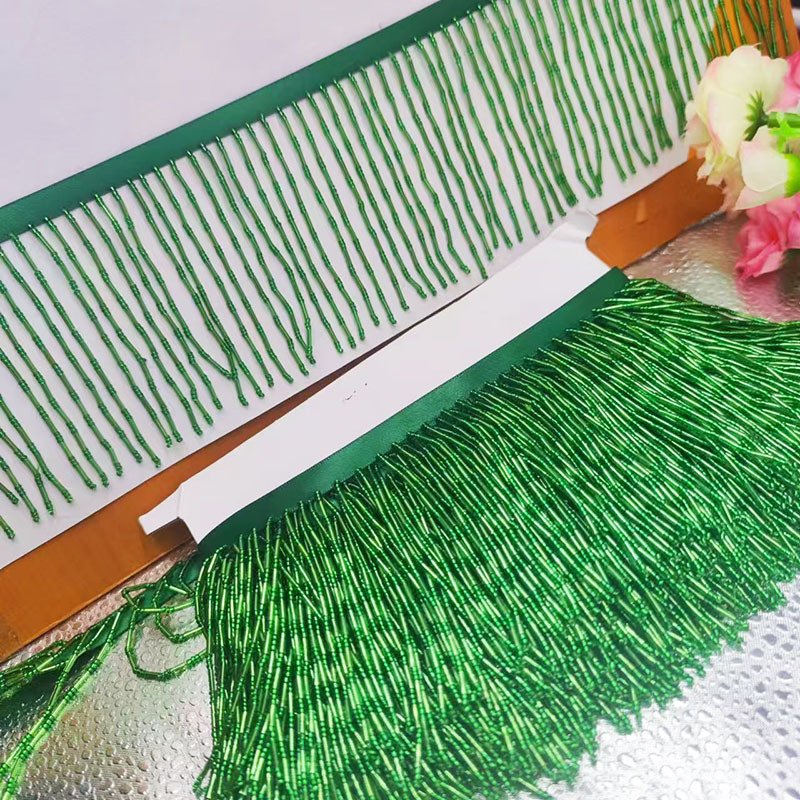 9CM bead lace green lined whisker lace bamboo hat dance skirt curtain hanging bead lace trim