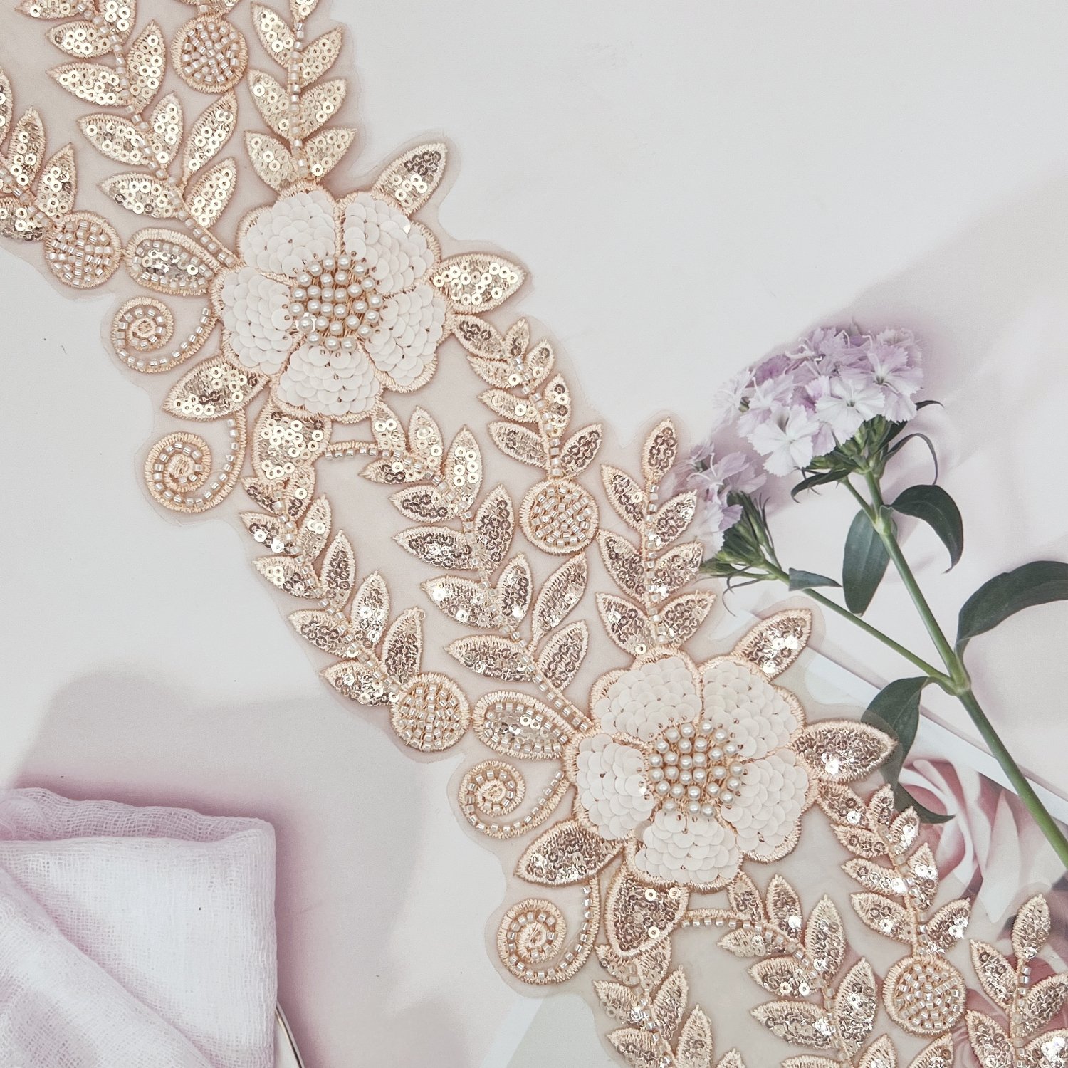 Green Sequin Bead Lace Luxury Embroidered Lace Fabrics Green Pearls Sequins white flower embroidery lace trim