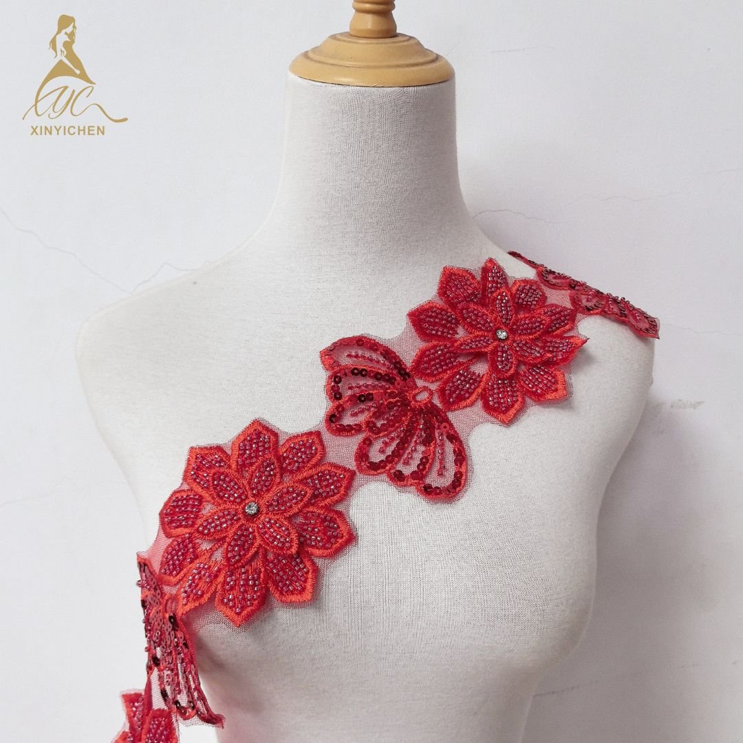 rhinestone 3d flower embroidery lace trim appliques and trimmings for clothing wedding dress lace trim