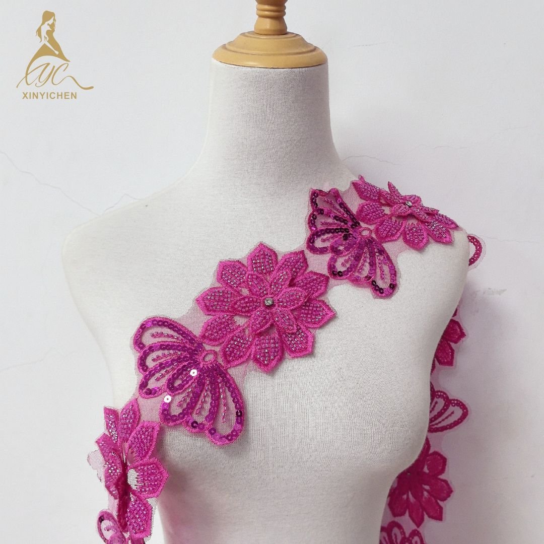 rhinestone 3d flower embroidery lace trim appliques and trimmings for clothing wedding dress lace trim