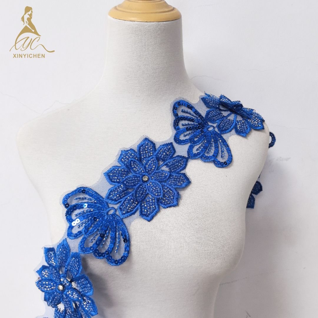 rhinestone 3d flower embroidery lace trim appliques and trimmings for clothing wedding dress lace trim