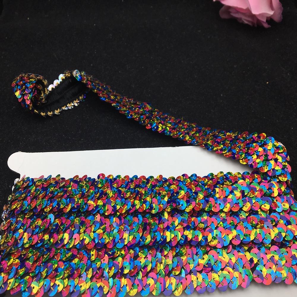 diy stage dancewear accessories 3cm wide colored sequins 3 rows sequined beaded elastic stretch lace trim for home decoration