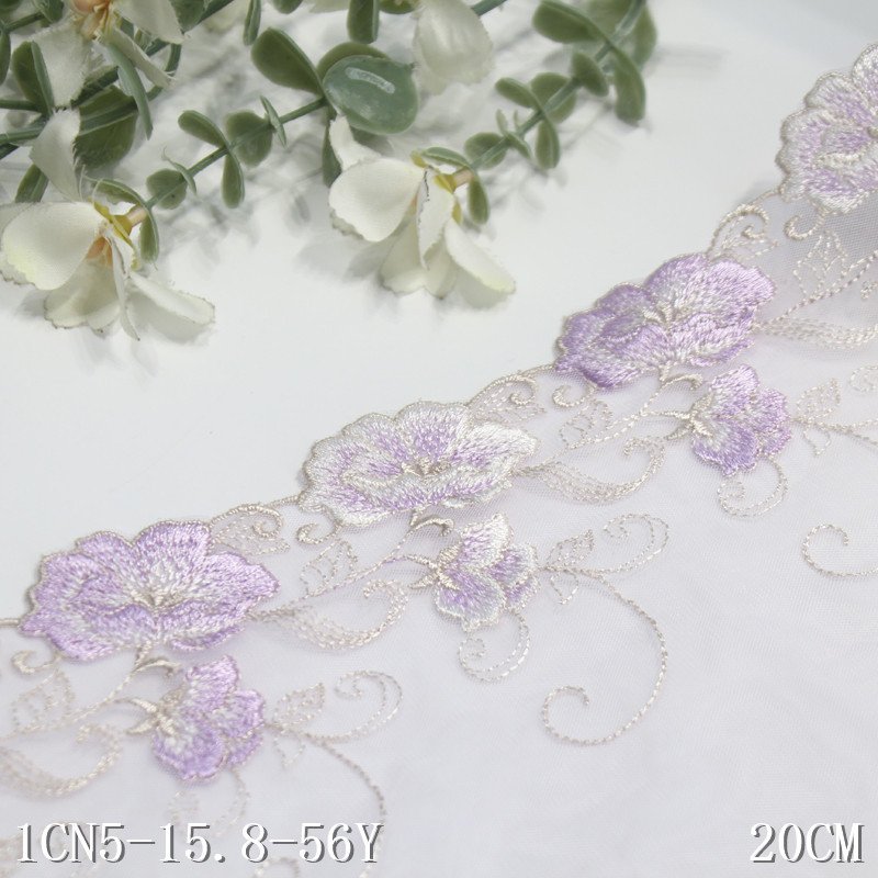 High quality purple Flower embroidery Lace Trimmings Handmade Cotton Tulle Lace Fabrics For clothing wedding evening dress