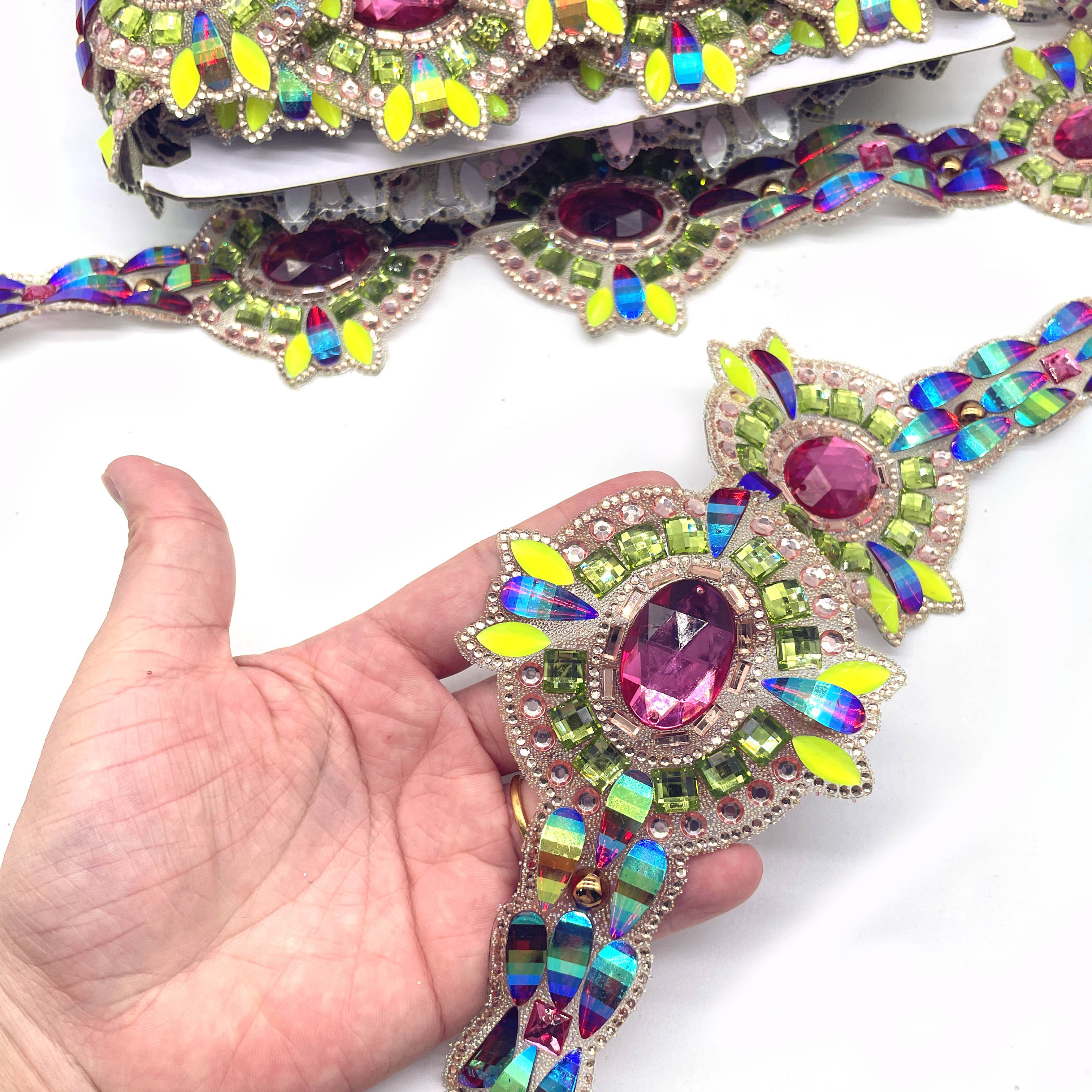 Green Neon Yellow Rhinestone Applique Trimming for Shoes Garments Bags for Carnival Swimsuit Processing