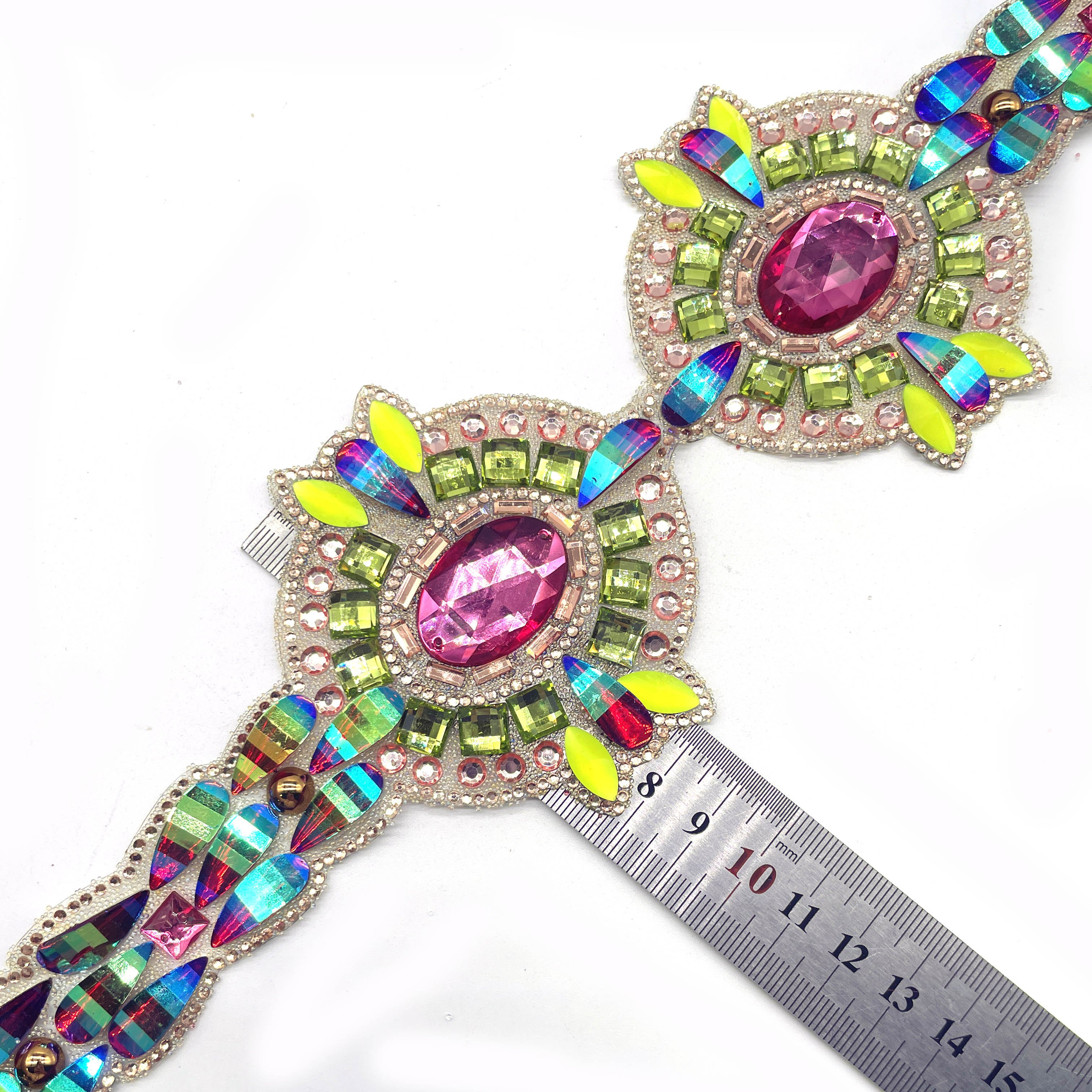 Green Neon Yellow Rhinestone Applique Trimming for Shoes Garments Bags for Carnival Swimsuit Processing