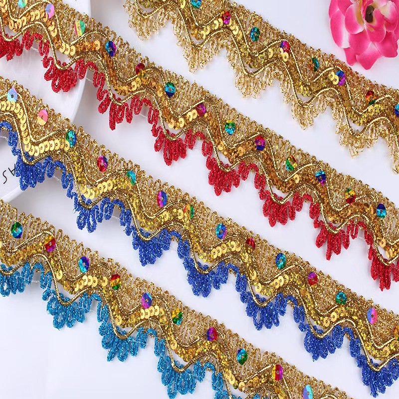 Factory Supply Custom 3.5cm Sequin Lace Trim Border Lace Trim Gold Lace Trim for cloth dress