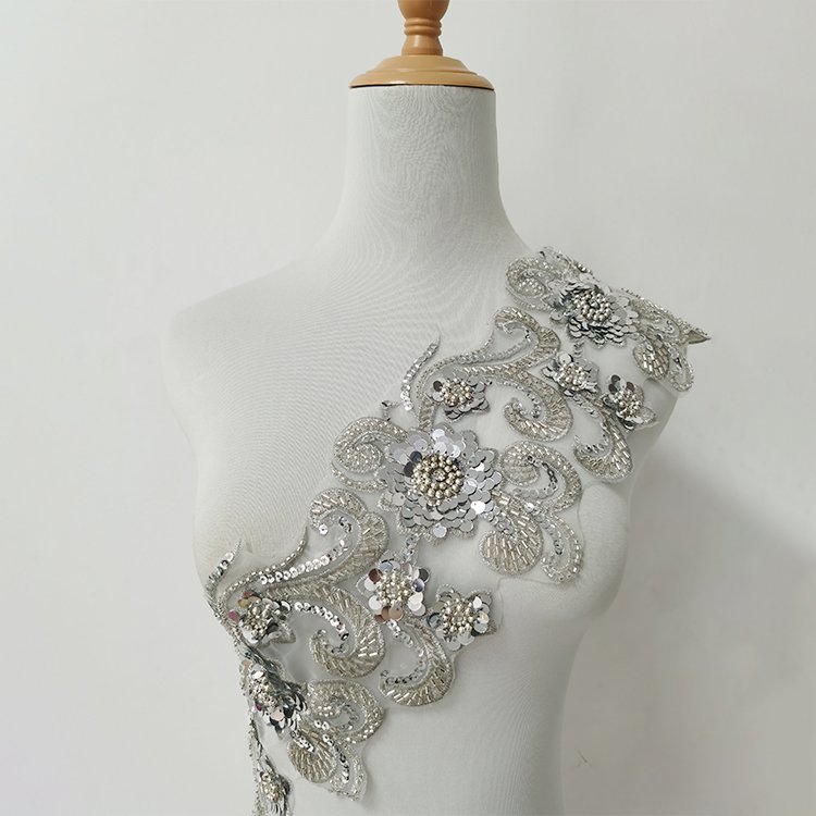 Wholesale 3D Polyester Beaded Sequin Trimming Flower Lace Trim Embroidery Beaded Sequined Lace Trim